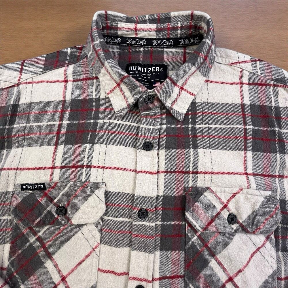 Howitzer Flannel Shirt Mens L Tan Gray Plaid Warrior USA Flag Military